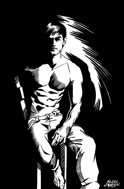 NOIR: Seated Man black and white comic art drawing hand drawn illustration ink noir portrait traditional