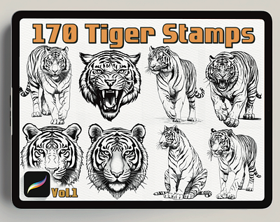 Tiger 170 Stamps: Captivating Designs for Artists and Creatives 3d ancientgreece animation architecturalelements armorandweapons branding design digitalstamps graphic design historicalart illustration logo motion graphics procreatestamps tattoodesign ui