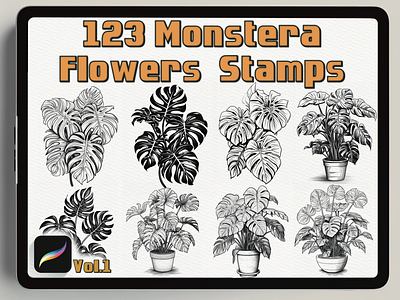 Flowers Monstera 123 Stamps: Embrace the Botanical Splendor in Y ancientgreece architecturalelements armorandweapons design digitalstamps historicalart illustration logo procreatestamps tattoodesign ui