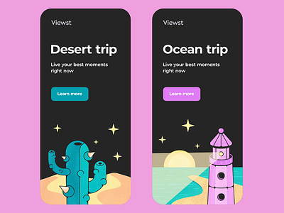 Travel app UI animation animation banner design cactus desert lighthouse mobile motion nature ocean perfect colors perfect pixel plants sunset templates tourism travel trip ui ui animation vector illustration