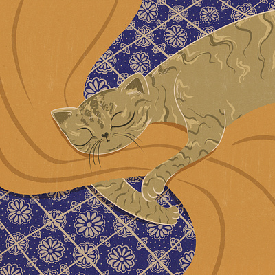 😴 animal blue cat childrens books clip studio paint design digital art illustration pattern sleeping tiles yellow