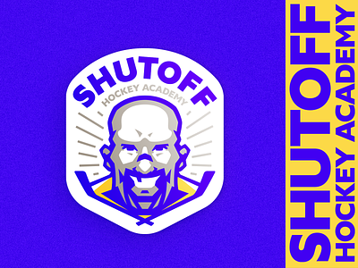 Shutoff Hockey Academy academy badge bald beard branding funny hockey icon identity illustration logo logotype man mascot school simple smirk sports vector
