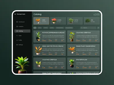 Plantopia Oasis: Plant Catalog of admin panel app catalog design green list nature plant ui web