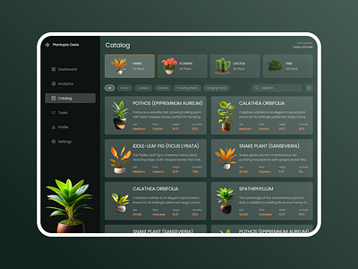 Plantopia Oasis: Plant Catalog of admin panel app catalog design green list nature plant ui web