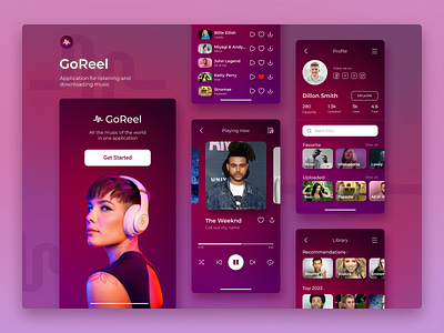 GoReel - music listening apps app app for music application branding goreel graphic design library mobile mobile app music playing now profile recomendations red colors shot ui ui design