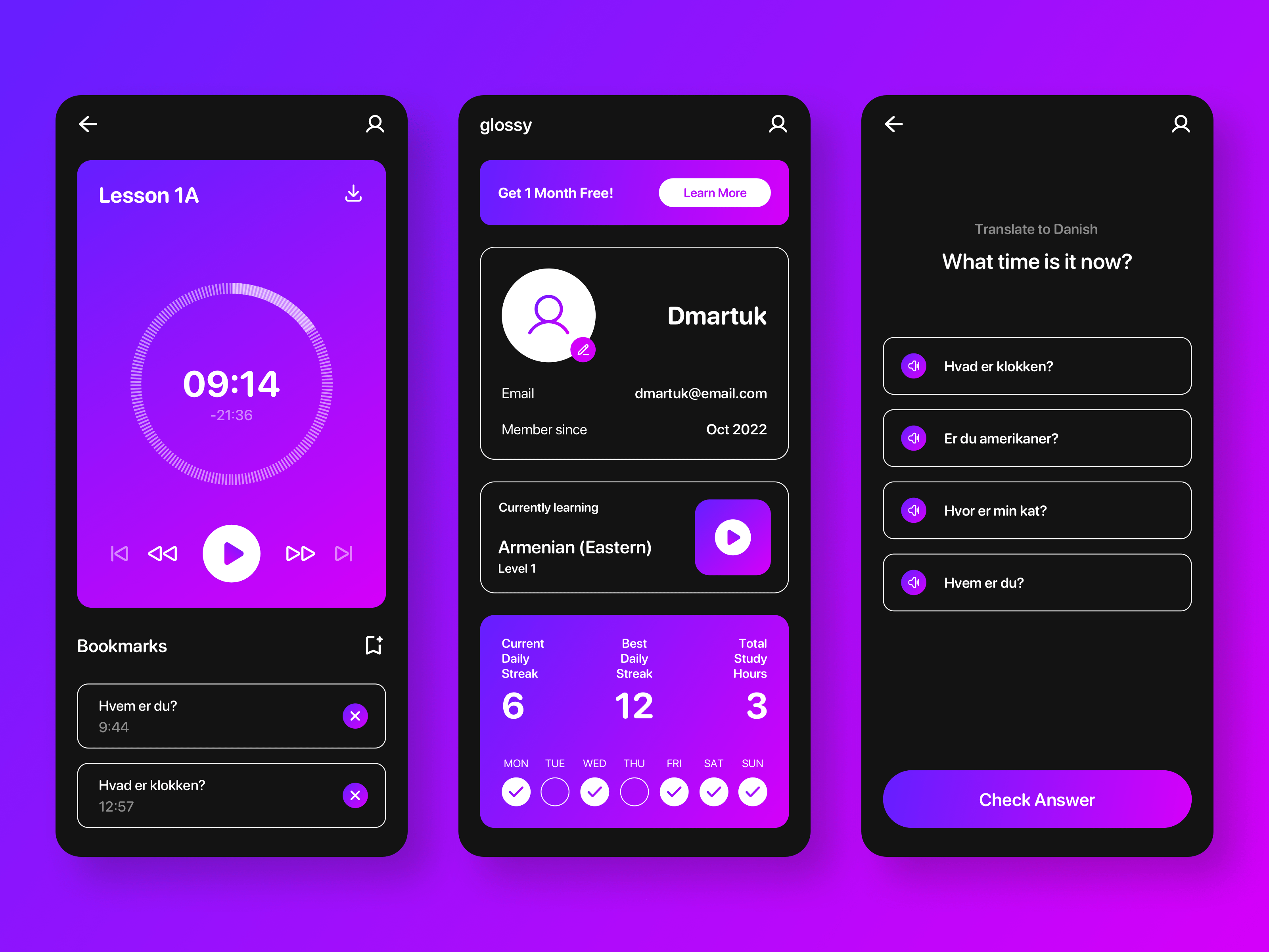 Language Learning App (Dark Mode Concept) academic app dark mode design edtech education gradient language learning mobile mobile app ui ux