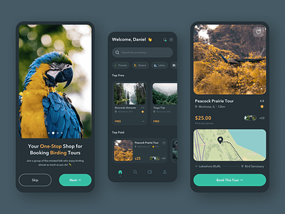 Bird Watching Tour Booking App app birds booking dark mode design hobbies mobile app nature outdoors parks recreation tour travel ui ux vacation