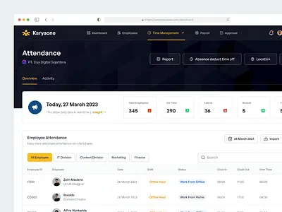 Karyaone - HR Attendance Dashboard animation attendance company compliance component dashboard employee hr human resource interaction design location tracking management monitoring motion payroll product saas schedule timesheet tracking