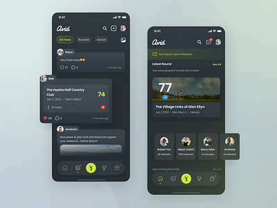 Avid - Feed and Home android app dark design feed gameplay golf golf course golf match golf score ios mobile app profile score app scorecard social media sport app ui ux virtual game