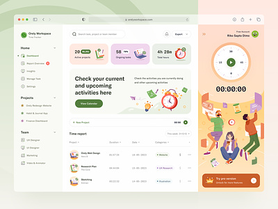 Time Tracker Dashboard with Illustration character colors dashboard design flat illustration full colors gradient icon illustration laptop logo management member mobile project time tracker ui design watch web application