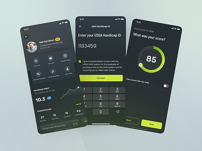 Handicap Profile and Input Score analytics android chart dark dark mode design gameplay golf golf app golf match golf round ios mobile app performance profile score score app statistic ui ux