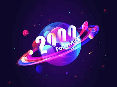2000 Followers 2000 artwork dribbble followers illustration meteors outer space planet rocket saturn vector