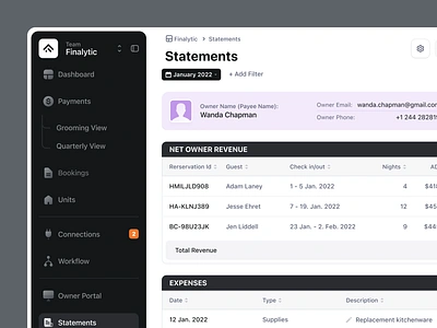 Statements Detail Page analytics app clean client profile dark sidebar dashboard data design language desktop fintory navigation payee information sidebar navigation statement table ui user interface user profile ux