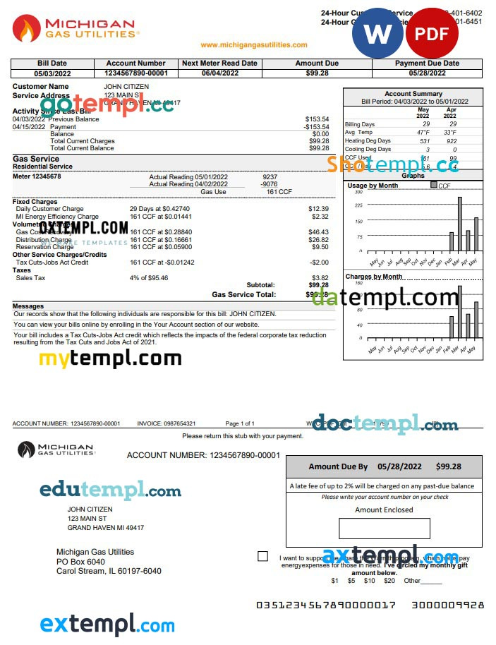 USA Michigan Gas Utilities utility bill template in Word and PDF by ...