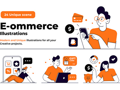 E-Commerce illustration set branding creative e commerce illustration man marketing online shopping social media ui woman