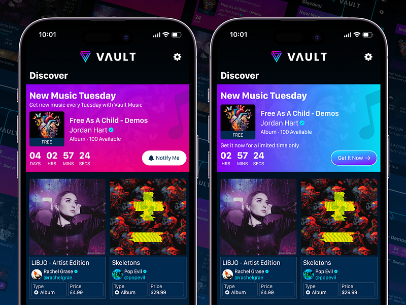 Vault Music - New Music Tuesday album app design ep graphic design header music music app music sales new music new music tuesday product product design release single tuesday ui ui design user interface ux ux design