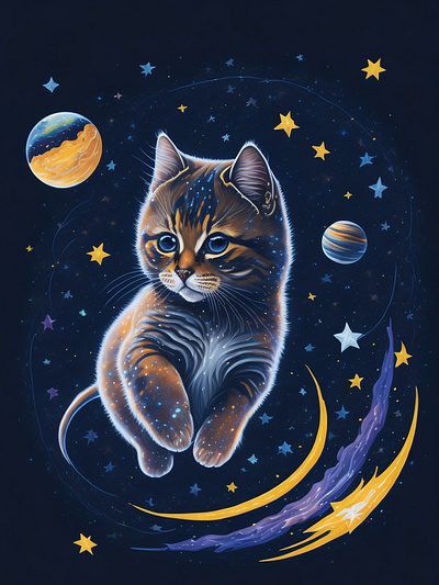 Floating Star Kitty astronaut cat love cosmos galaxy graphic design illustration outer space planets space stars