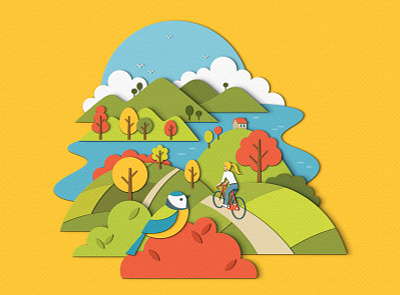 Dreamscapes - Country advertising bicycle bird blue tit countryside cycling cyclist design editorial hills illustration landscape location nature paper craft papercut rural scene scenery trees