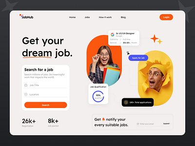 JobHub - Job Finder Landing page design designer dream figma find illustration job job finder landing page light light theme logo minimal search theme ui ux vector web website