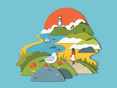 Dreamscapes - Seaside advertising beach coast coastal design editorial holiday illustration landscape lighthouse nature paper art paper craft papercut scene scenery sea seagull seaside vacation
