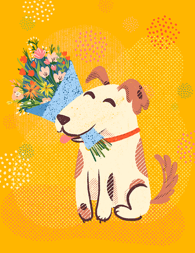 Such a good boy bouquet of flowers celebrate cute dog dog festive flowers good boy illustration postcard retro retro vibe woman day