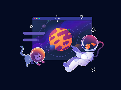 Admire the Space 2d animation astronaut browser cat character design float girl graphic design hero image illustration in space madewithsvgator motion graphics planet space stars vector web