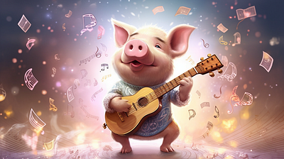 🐷 Little Pig Play Guitar 🎸 abrang children book illustration fiverr giutarist guitar guitarist pig happy pig illustration logo illustration mascot animal mascot of a pig music music note musician musician pig pig pig play guitar piglet pink pig vector