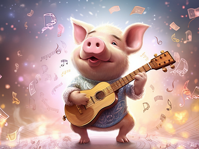 🐷 Little Pig Play Guitar 🎸 abrang children book illustration fiverr giutarist guitar guitarist pig happy pig illustration logo illustration mascot animal mascot of a pig music music note musician musician pig pig pig play guitar piglet pink pig vector