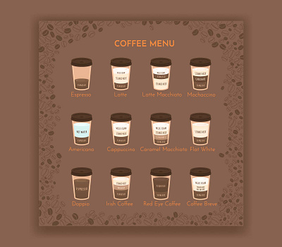 Coffee menu vector illustration americano coffee coffee beans coffee drinks coffee paper cup coffee to go doppio espresso hot drink latte macciato menu moccachino mocha mochaccino