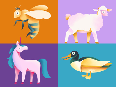 Octavo Team Character Illustrations animal bee branding bright bug character duck horse humor illustration lamb orange purple set sheep teal team unicorn whimsical wings