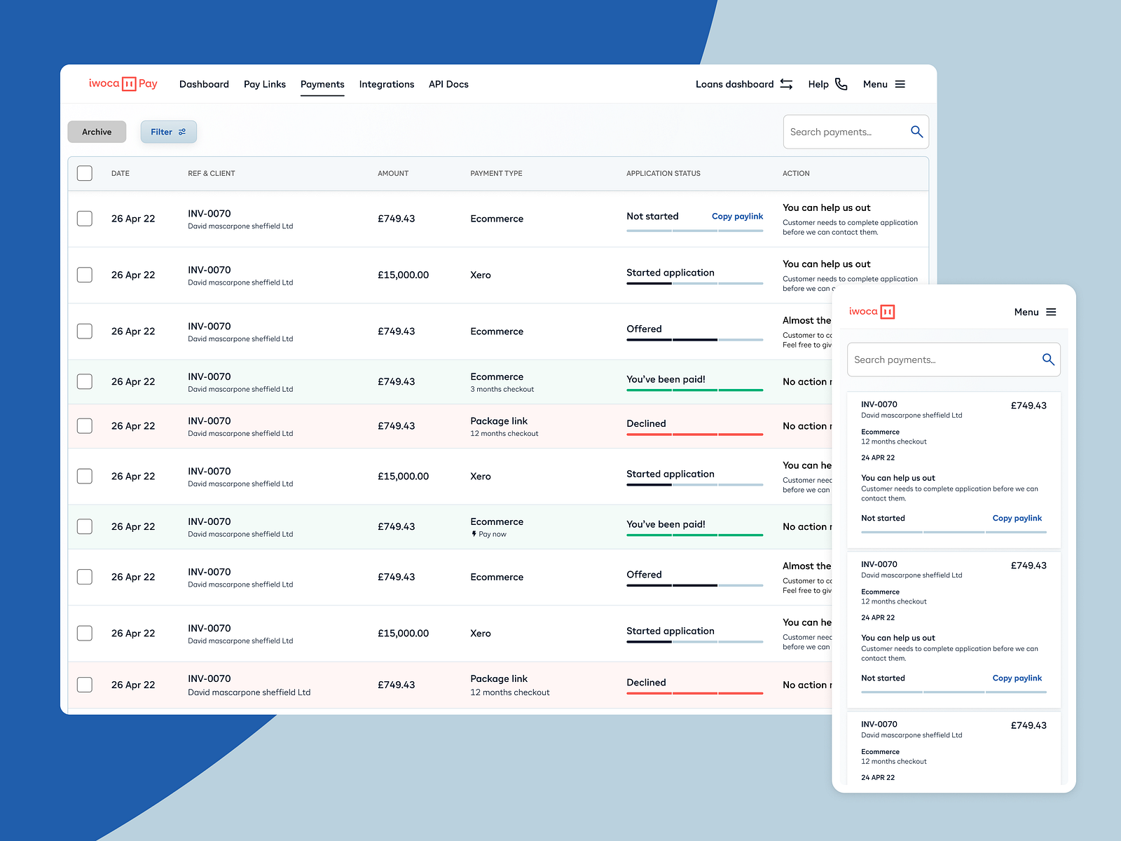 Payments dashboard by Peter for iwoca on Dribbble