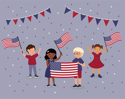 Happy USA children are celebrating Independence Day america children characters festival flags happy independence day july 4 kids characters liberty parade patriotic patriotism usa children usa flag