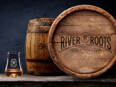 River Roots Barrel Company Branding alchohol barrel bourbon branding cleveland company crown drinking glass logo mockup modern ohio rich river roots royalty seal spirit whiskey