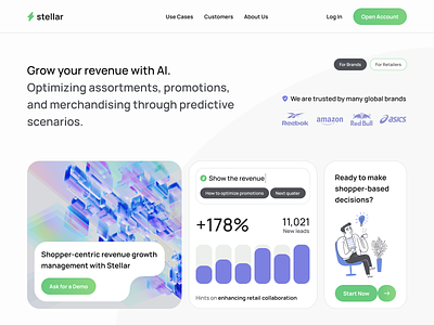 Stellar — Retail Decisions with AI ai forecast ai powered ai prediction brands chat gpt clean customers green layout leads merchandising productai promotion retail industry retailers revenue saas shoppers technology violet