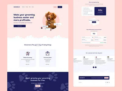 Groomer.io Landing Page branding colorful dog dogs graphic design groomer grooming hero illustration landing landing page pets pink playful ui user interface ux web design webdesign website