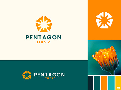 Pentagon Studio agency branding business company concept flower idea logo minimal modern orange pentagon polygon shapes shop star studio sun team tulip