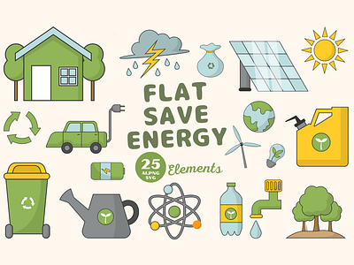 Flat Save Energy Elements app branding design flat design graphic design illustration logo save energy typography ui ux vector