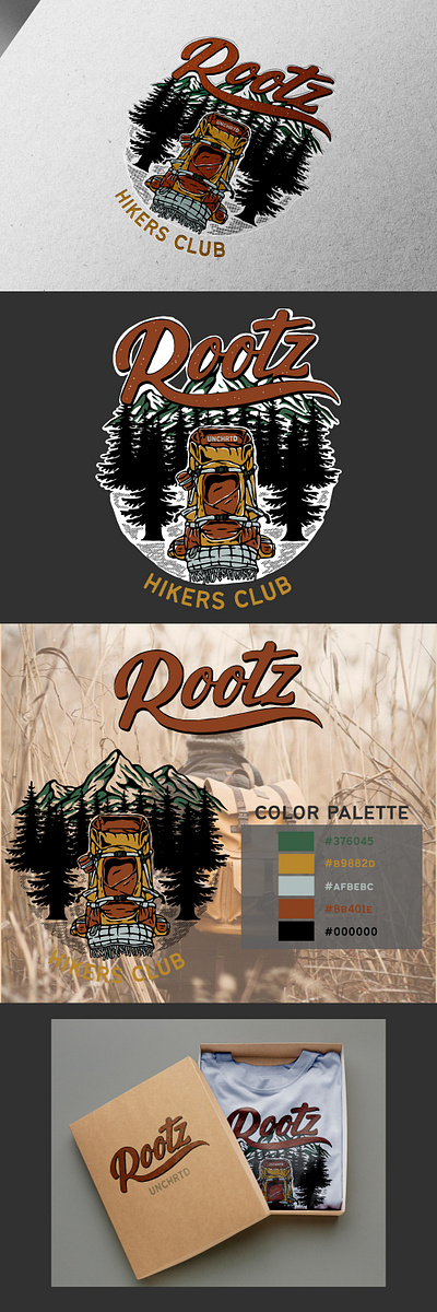 ROOTZ UNCHRTD PROJECT adventure apparel badge branding clothing commission graphic design handdrawn hiking illustration logo mountain tshirt design vintage