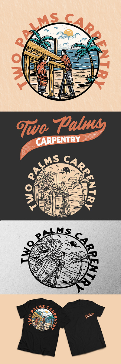 TWO PALMS CARPENTRY PROJECT apparel badge beach building carpentry clothing handdrawn illustration logo palms surfing tshirt design vintage wave