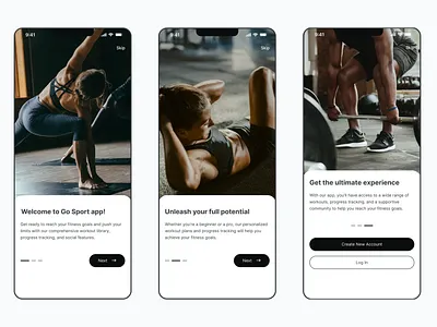 Workout App Onboarding app black and white button design figma fitness ios minimalist mobile modern onboarding screen sport ui unique ux visual design welcome workout