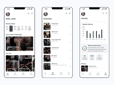 Fitness App Home Pages activity app content design fitness history home ios menu minimalist mobile planing profile progress sport statistics tabs ui ux workout