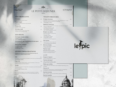 Menu design for a French restaurant, "Le Pic'' clean design illustration menu midjourney restaurant typography