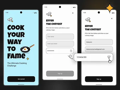 Cooking app Sign-up form 3d adobe illustrator animation breakfast cook cooking challenge dailyui egg pan show password sign up ui