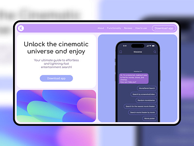 Website presenting an application for finding movies and series application cinema design mobile app page purple series ui ux uxui web webdesign website