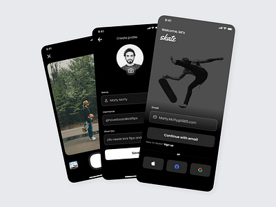 Skateboarding social app create account concept app app design clean community create account dark dark mode extreme sports ios login photo profile sign up skate skateboard skateboarding social social app ui ux