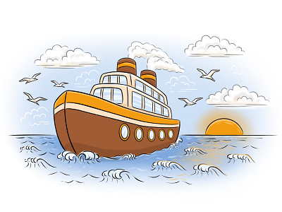 Illustration for the ice cream packaging. Ship, sea, sunset boat cruise drawing ice cream illustration line drawing lineart marine ocean sailing sea ship summer sunset surf travel vacation water waves yacht