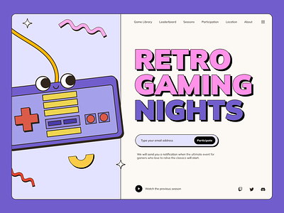 👾 Retro Gaming Nights - Concept 👾 2d 80s 90s colorful design design inspiration event illustration inspiration interface landing lineart outline purple retro retrovawe stroke ui ux vintage