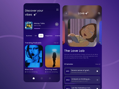 PodSage app design podcast purple songs ui