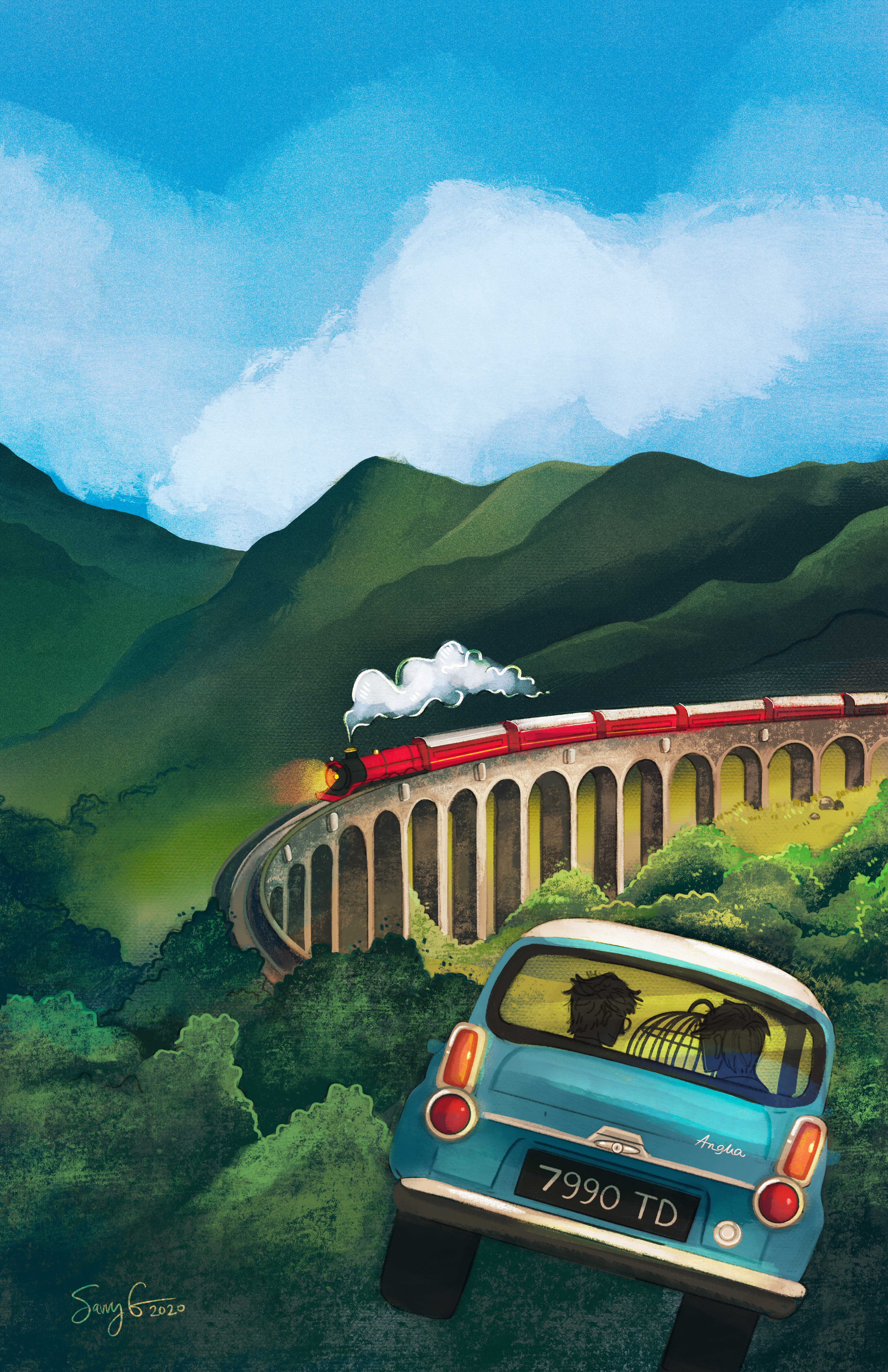 Harry Potter Posters: Transport childrensbooks digitalillustration flying car harry potter hogwarts hogwarts express illustration poster procreate train