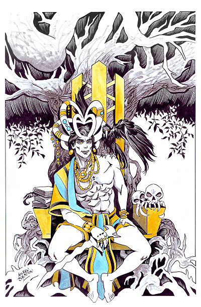 Demigods PBTA Character Design: The God of Fate Sidapa comic art drawing fantasy fantasy art god hand drawn illustration ink lore mythology watercolor